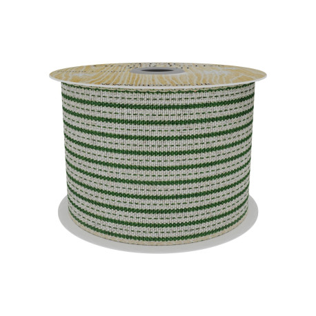 Natural and Green Striped Fabric Ribbon (63mm x 9m)
