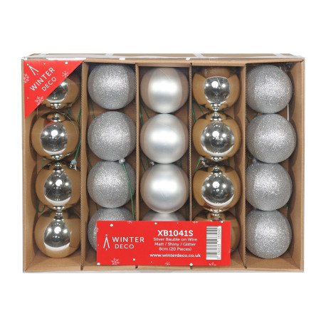 Silver Bauble on Wire - Matt/Shiny/Glitter (Pack of 20)