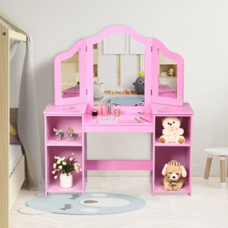 Kids Dressing Table with Foldable and Removable Mirror and Storage Shelf