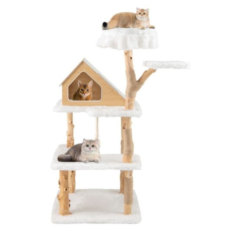 149 cm Tall Solid Wood Cat Tree with 2 Perches Condo and Jute Scratching Posts