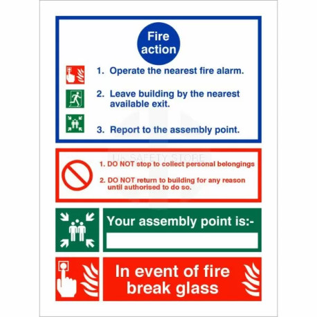 3 Point Fire Action Notice Sign - In Event Of Fire Break Glass (Writable)