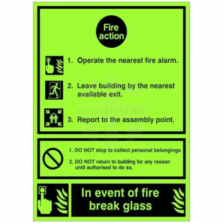 3 Point Glow In The Dark Fire Action Notice Sign - In The Event Of Fire Break Glass