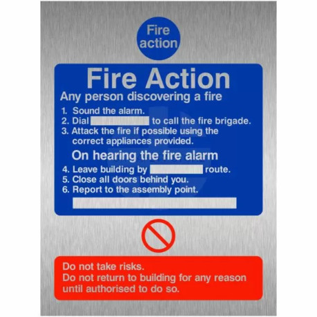 Brushed Aluminium Effect 6 Point Fire Action Notice Sign - Any Person Discovering a Fire