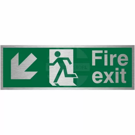 Brushed Aluminium Fire Exit Arrow Down Left Sign