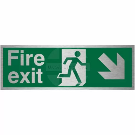 Brushed Aluminium Fire Exit Arrow Down Right Sign