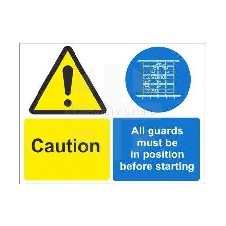 Caution all guards must be in position before starting multi message sign in a variety of sizes and materials