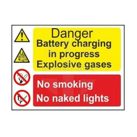 Danger battery charging in progress explosive gases no smoking no naked lights multi message sign in a variety of sizes and mate