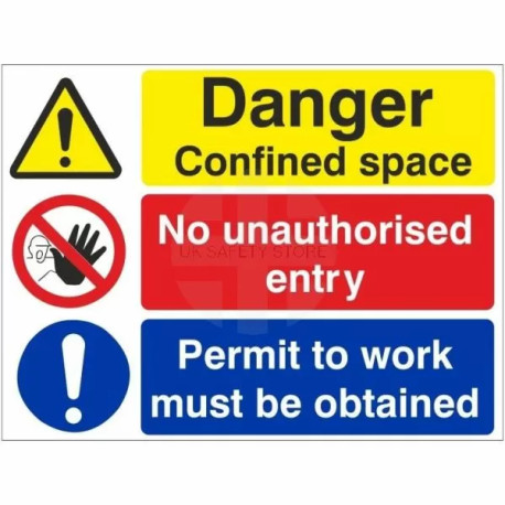 Danger confined space no unauthorised entry permit to work must be obtained multi message sign