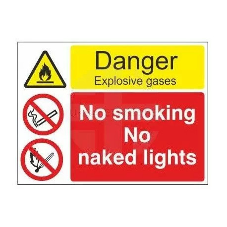 Danger explosive gases no smoking no naked lights multi message sign in a variety of sizes and materials
