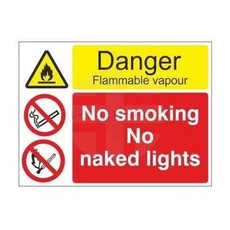 Danger flammable vapour no smoking no naked lights multi message sign in a variety of sizes and materials