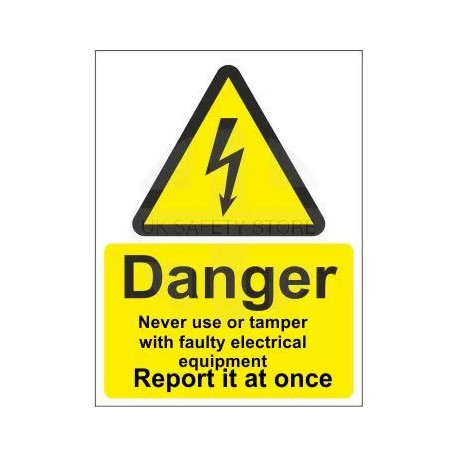 Danger never use or tamper with faulty electrical equipment report it at once sign in a variety of sizes and materials with or w
