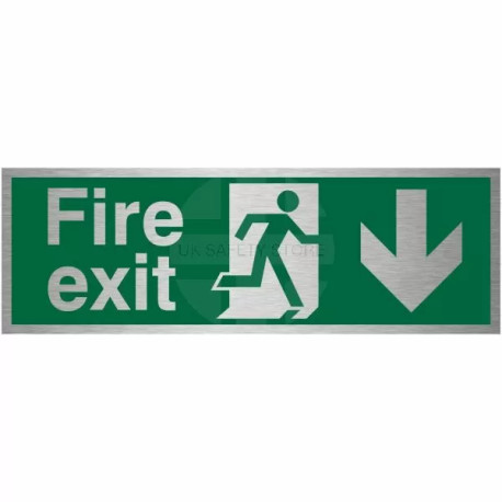 Fire Exit Arrow Down Brush Aluminium Effect Prestige Sign
