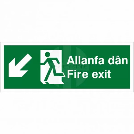 Fire Exit Arrow Down Left Sign in Welsh / English