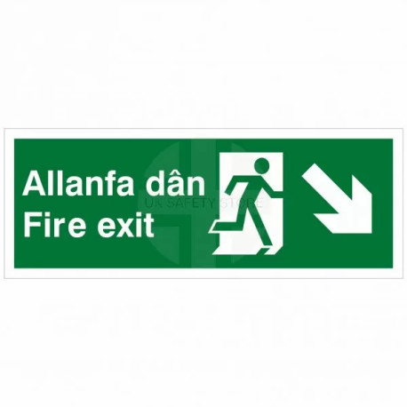 Fire Exit Arrow Down Right Sign in Welsh / English