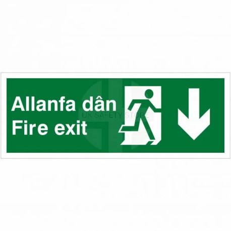 Fire Exit Arrow Down Sign in Welsh / English