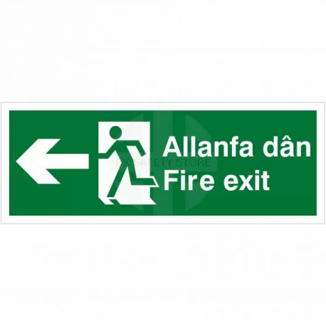 Fire Exit Arrow Left Sign in Welsh / English
