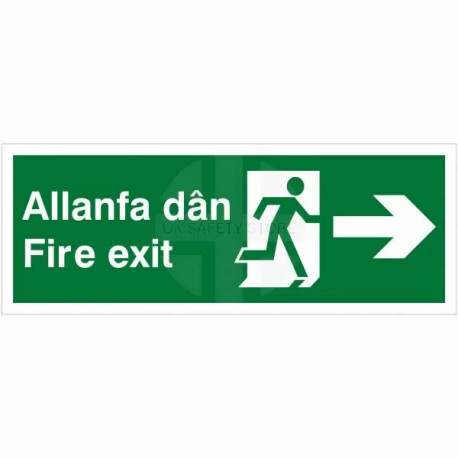 Fire Exit Arrow Right Sign in Welsh / English