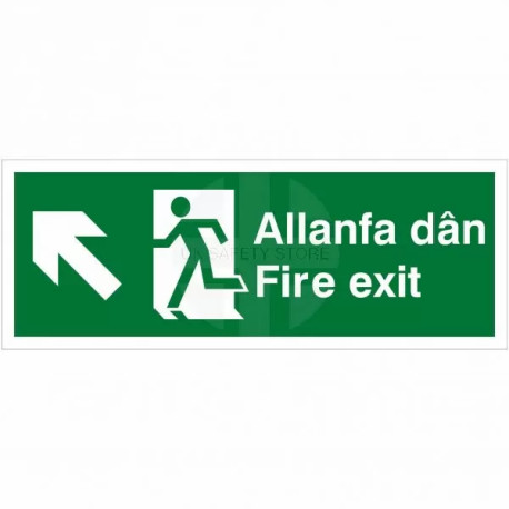 Fire Exit Arrow Up Left Sign in Welsh / English