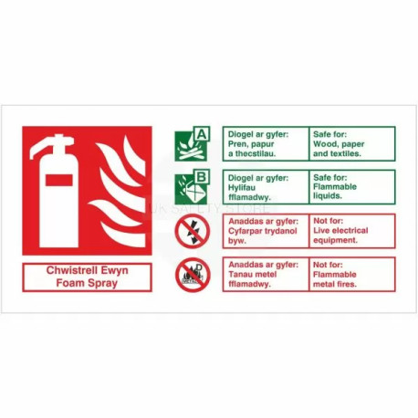 Foam Spray Fire Identification Sign in Welsh/English