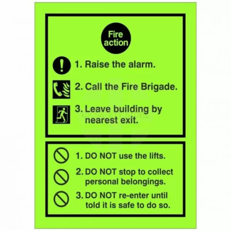 Glow In The Dark 3 Point Fire Action Notice Sign - Raise The Alarm