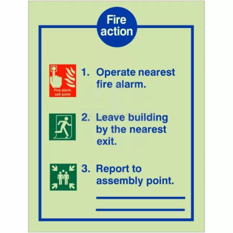 Glow In The Dark 3 Point Fire Action Notice Sign - With Lines To Write Assembly Point Location