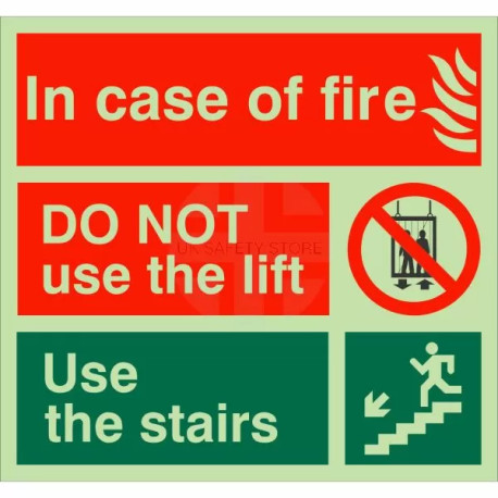 Glow In The Dark Fire Action Sign - In Case Of Fire Do Not Use The Lift