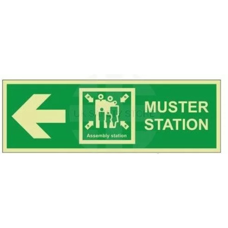 Muster station arrow left 400W  x  150H  self adhesive sign