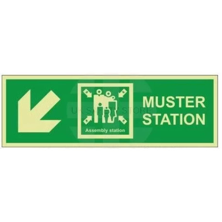 Muster Station Assembly Station Arrow Down Left Sign - Rigid Plastic