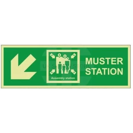 Muster Station Assembly Station Arrow Down Left Sign - Self Adhesive