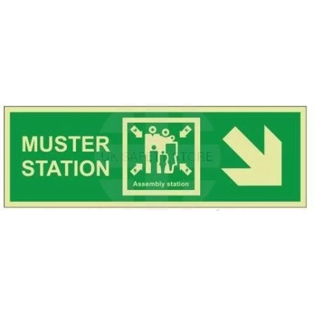 Muster Station Assembly Station Arrow Down Right Sign - Rigid Plastic