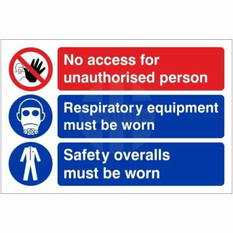 No Access For Unauthorised Person, Respiratory Equipment Must Be Worn, Safety Overalls Must Be Worn 300W X 200Hmm Self Adhesive