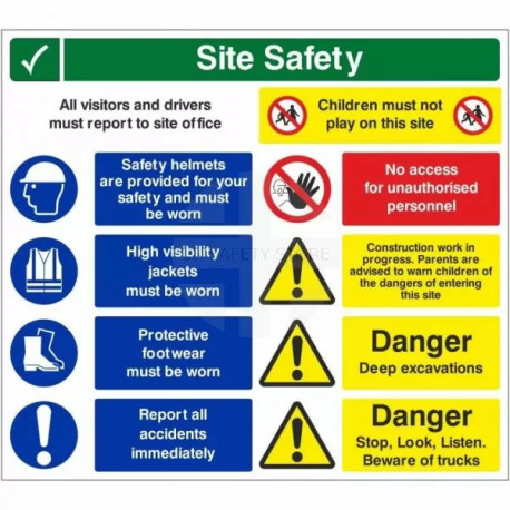 Site Safety All Visitors And Drivers Must Report To Site Office Multi Message Safety Board