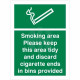 Smoking Area Please Keep This Area Tidy Sign And Discard Cigarette Ends In Bins Provided Sign