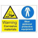 Warning corrosive material wear personal protective equipment multi message sign in a variety of sizes and materials