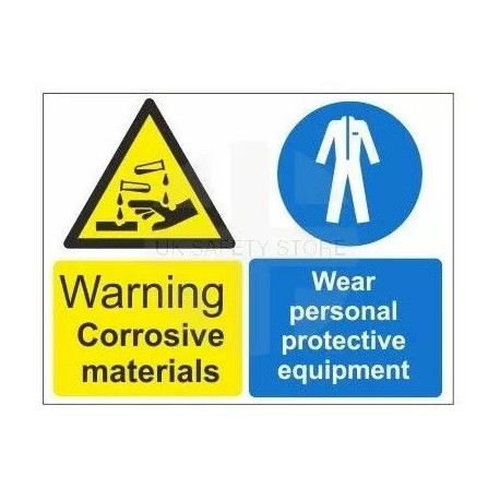 Warning corrosive material wear personal protective equipment multi message sign in a variety of sizes and materials