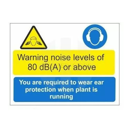 Warning noise levels of 80 dB(A) or above you are required to wear ear protection when plant is running multi message sign in a 
