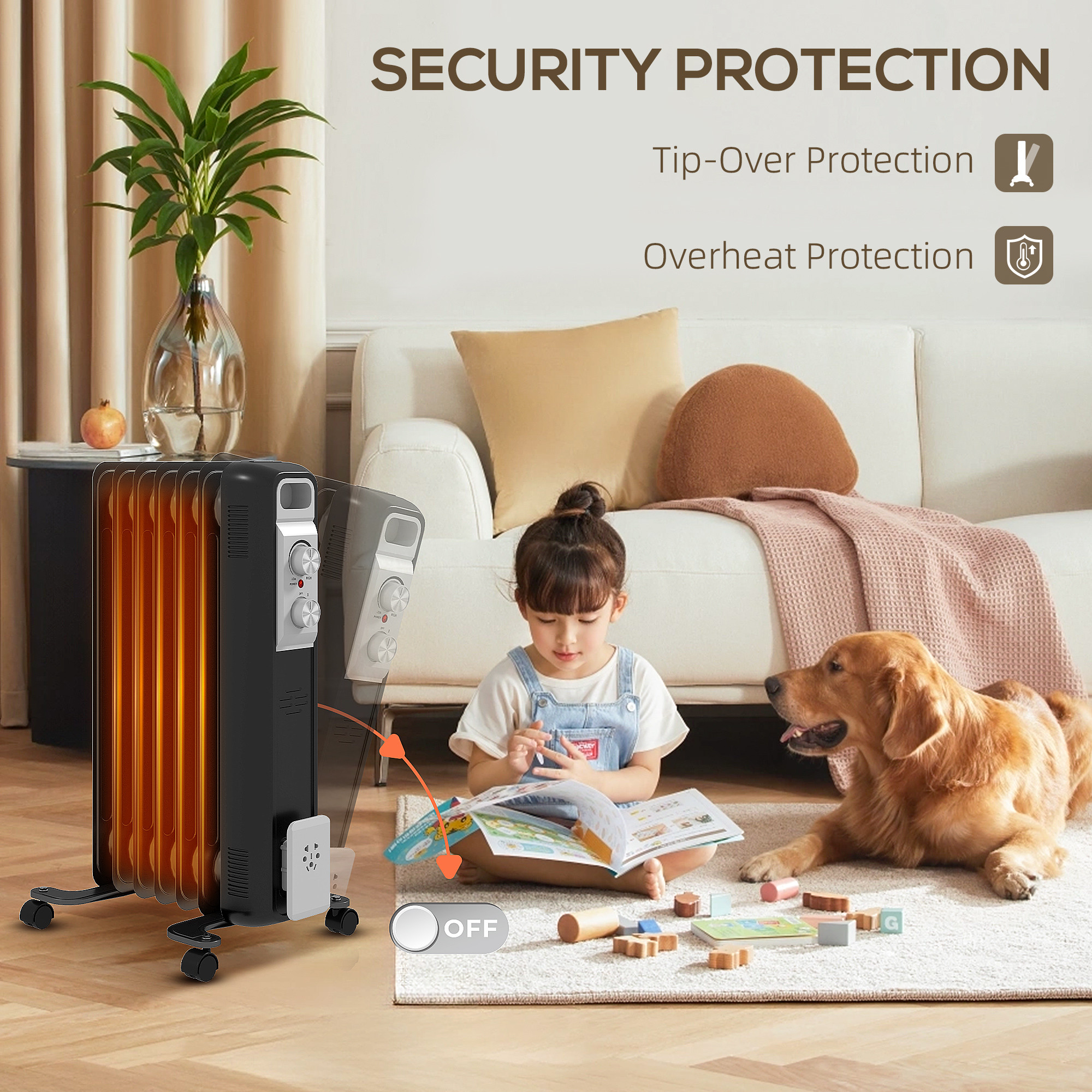 1.5kW Seven Fin Oil-Filled Radiator - Black