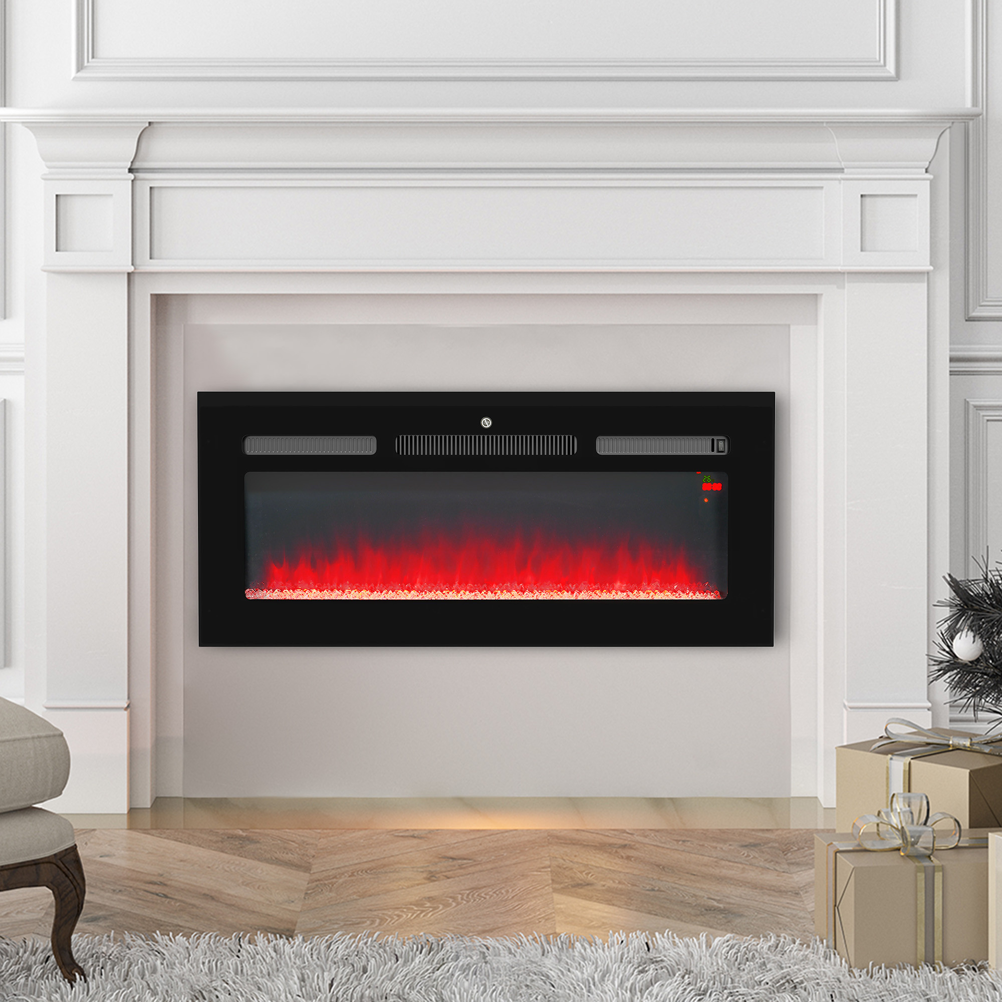 102cm Electric Fireplace, 2000W Recessed and Wall Mounted Electric Fire with Remote Control, 9 Flame Colour and Crystal, Black