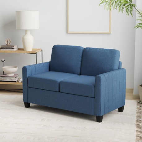 Modern Boxy Linen-Look Two-Seater Sofa - Blue