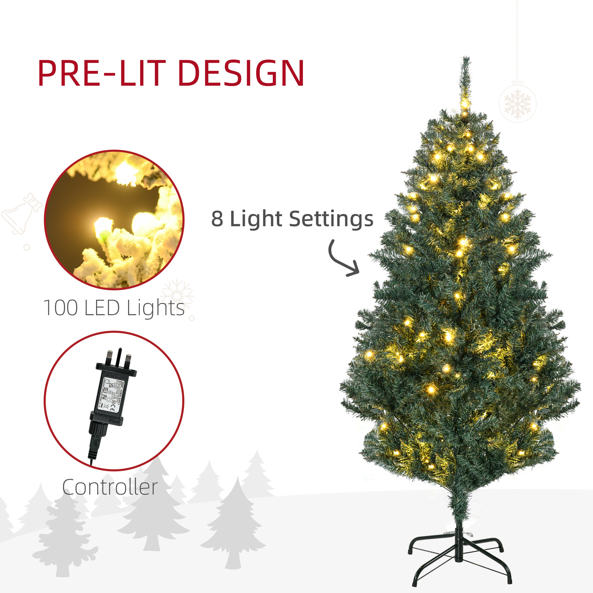 5' Artificial Prelit Christmas Trees Holiday D&eacute;cor with Warm White LED Lights, Decoration, Banner, Tag, Ball