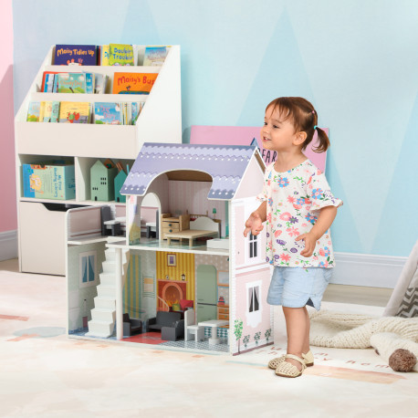 AIYAPLAY 2 Levels Dolls House with 13 Furniture Pieces, Play Set with Balcony, for Ages 3-6 Years, Multicoloured