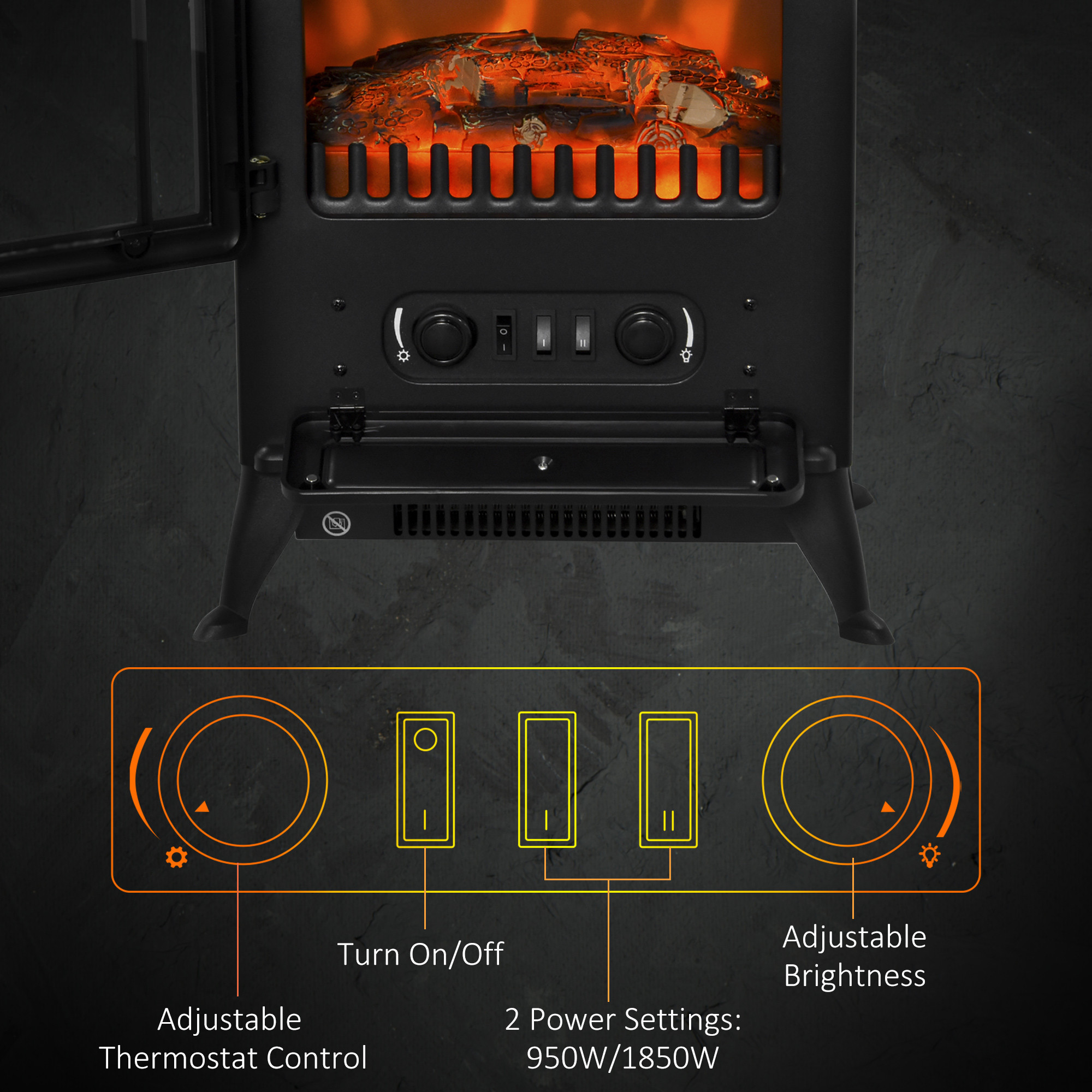 Freestanding Electric Fireplace Indoor Heater Glass View Log Wood Burning Effect Flame Portable Fireplace Stove 950/1850W Black