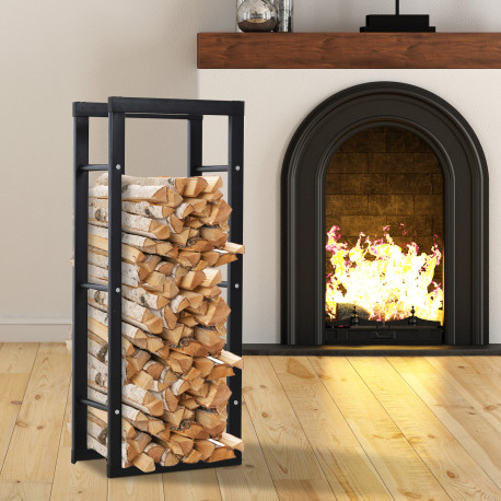 Metal Firewood Log Holder Tall Firewood Rack Indoor Outdoor Fireplace Wood Storage Shelf with Side Rails, Rust-Resistant, Black,