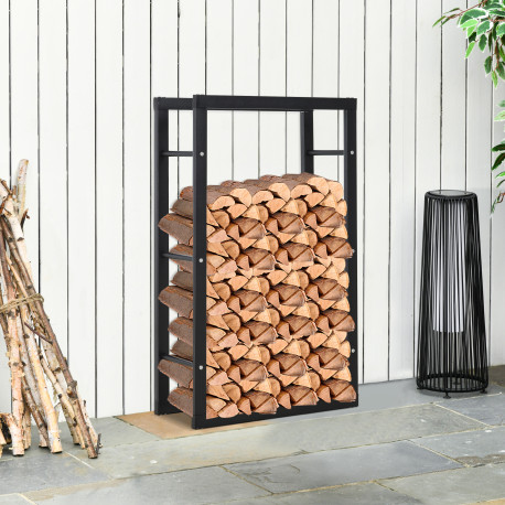 Metal Firewood Log Holder Tall Firewood Rack Indoor Outdoor Fireplace Wood Storage Shelf with Side Rails, Rust-Resistant, Black,