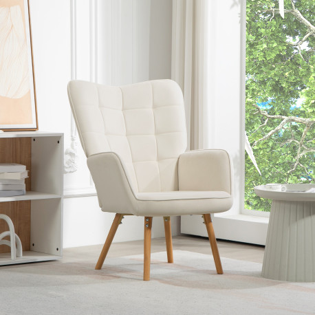 Modern Accent Chair, Upholstered Tufted Wingback Armchair with Seat Padding, Leisure Lounge Bedroom Chair with Wood Legs, Cream 