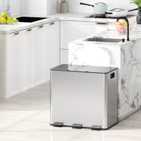 3 x 15L Pedal Bin, Steel Triple Kitchen Bin with Soft Close Lid, Removable Inner Buckets, Fingerprint-Proof, Silver