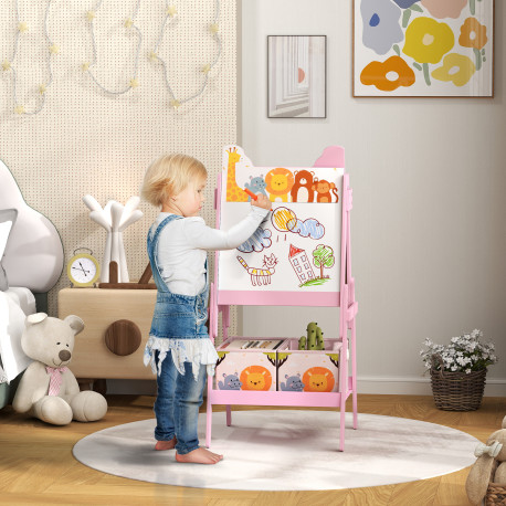 AIYAPLAY 2 in 1 Kids Easel with Whiteboard, Chalkboard, Storage Boxes, for Ages 3-8 Years, Pink