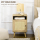 Bedside Table with Rattan Element, Side End Table with Shelf and Cupboard, 39cmx35cmx60cm, Natural