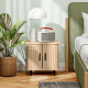 Bedside Table, Nordic Side Table with Roller Shutter Style Sliding Doors and Metal Legs for Bedroom, Living Room, Oak Tone