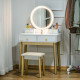 Dressing Table Set with Mirror, Built-in 3 Color LED Light, Vanity Makeup Table with 4 Drawers and Cushioned Stool for Bedroom, 